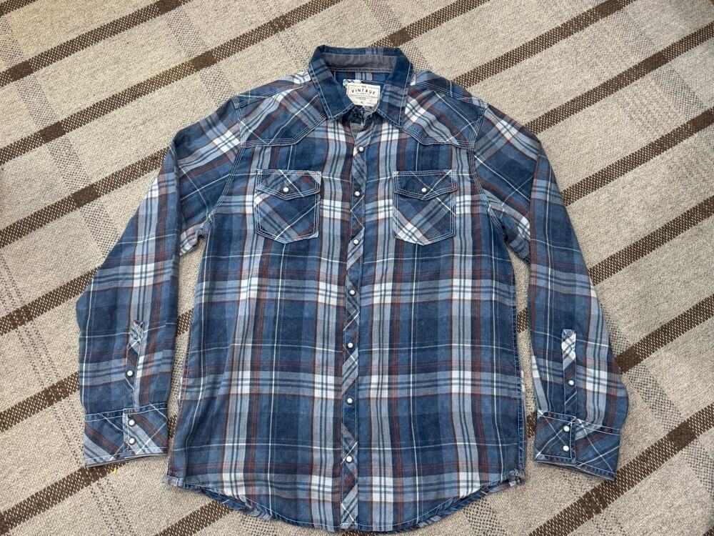 BKE Buckle Vintage Pearl Snap Long Sleeve Shirt Men’s XL Plaid Blue Red Western